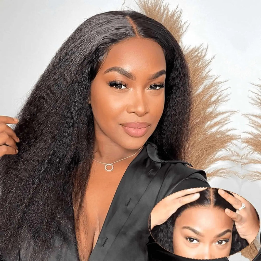 Kinky Straight Wear and Go Glueless Human Hair Wig Pre Plucked Pre Cut 4x4 Glueless Lace Front Wigs for Black Women Human Hair