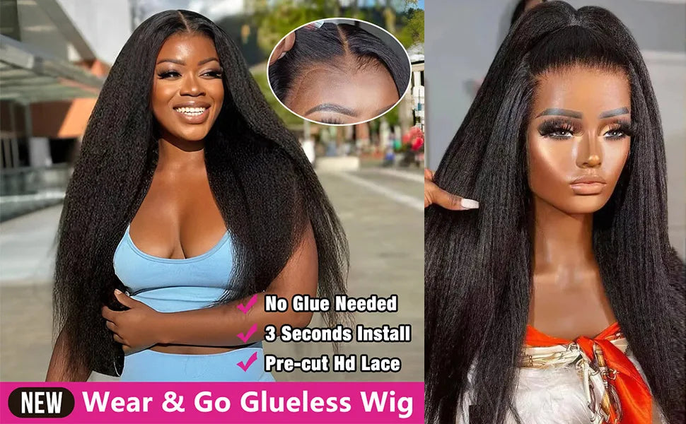 Kinky Straight Wear and Go Glueless Human Hair Wig Pre Plucked Pre Cut 4x4 Glueless Lace Front Wigs for Black Women Human Hair
