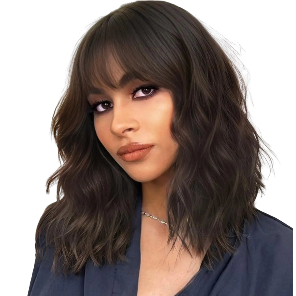 Natural Brown Wavy Bob Wig with Bangs – 180% Density Heat-Resistant Synthetic Wig (Short Length)