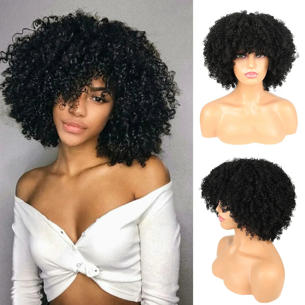 Short Loose Curly Afro Wig with Bangs – Natural Volume Synthetic Wig for Black Women