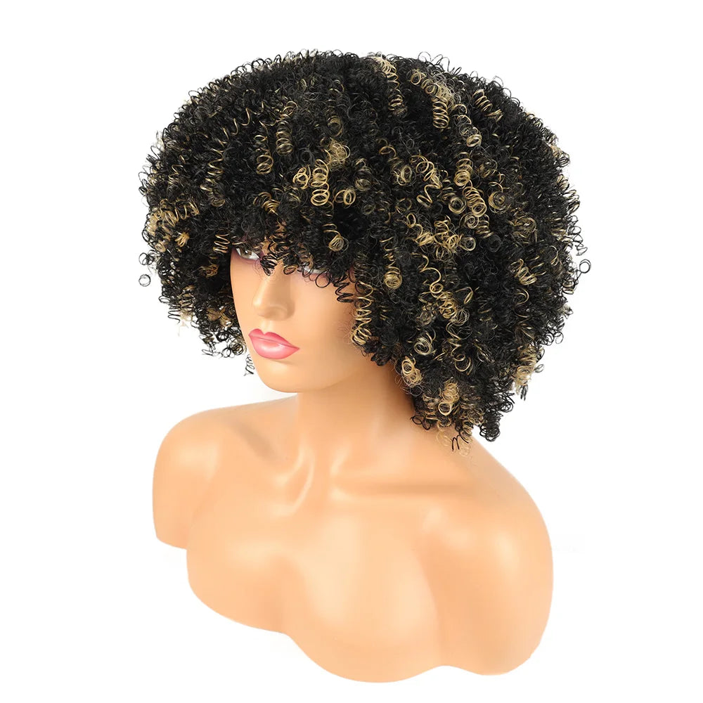 Short Loose Curly Afro Wig with Bangs – Natural Volume Synthetic Wig for Black Women