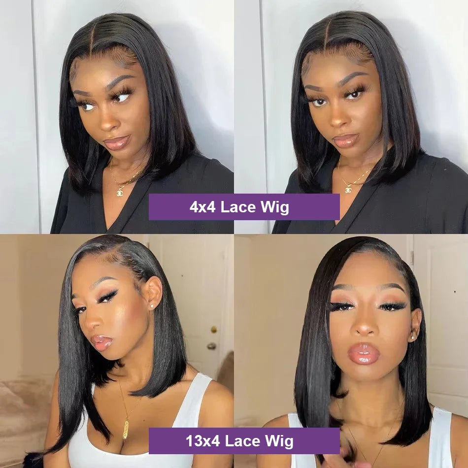 13x4 Short Bob Straight 4x4 Transparent Lace Front Wig 200% Density 100% Human Hair Pre Plucked Wigs For Black Women 12 16 Inch