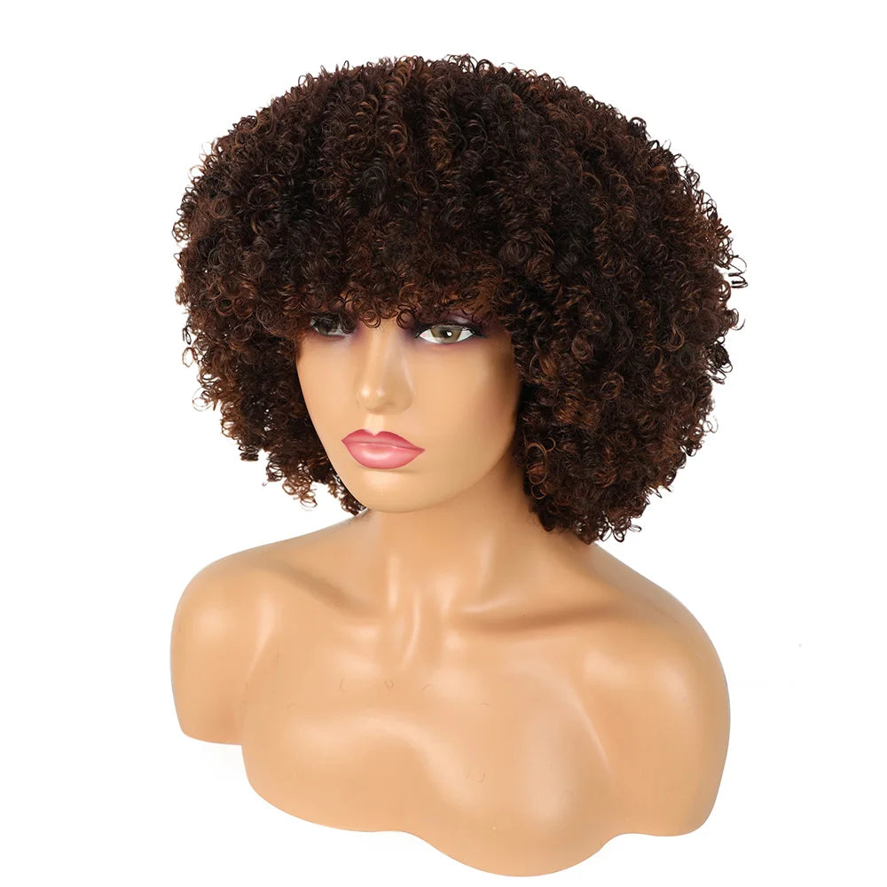 Short Loose Curly Afro Wig with Bangs – Natural Volume Synthetic Wig for Black Women