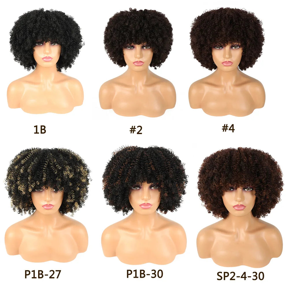 Short Loose Curly Afro Wig with Bangs – Natural Volume Synthetic Wig for Black Women