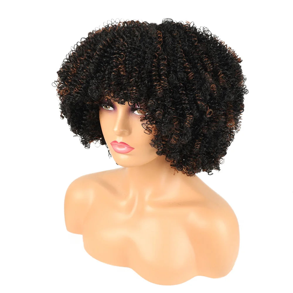 Short Loose Curly Afro Wig with Bangs – Natural Volume Synthetic Wig for Black Women