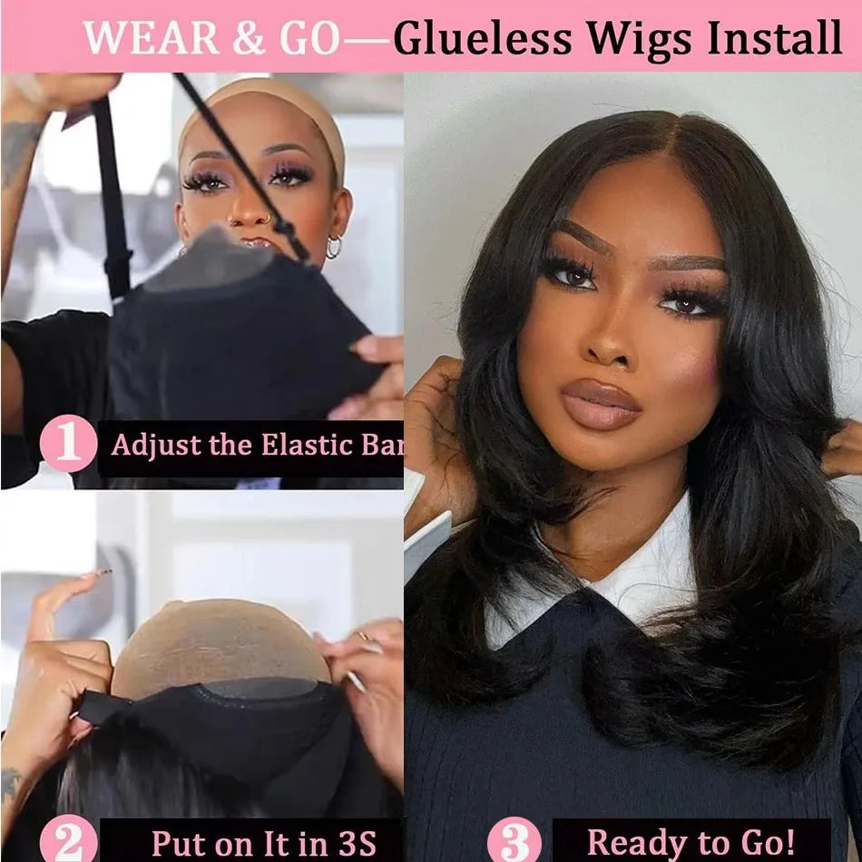 Women's Glueless Full Head Wig - No Glue, Pre Plucked Front & Sides, Natural Brown Hairline, 250% Density Virgin Human Hair