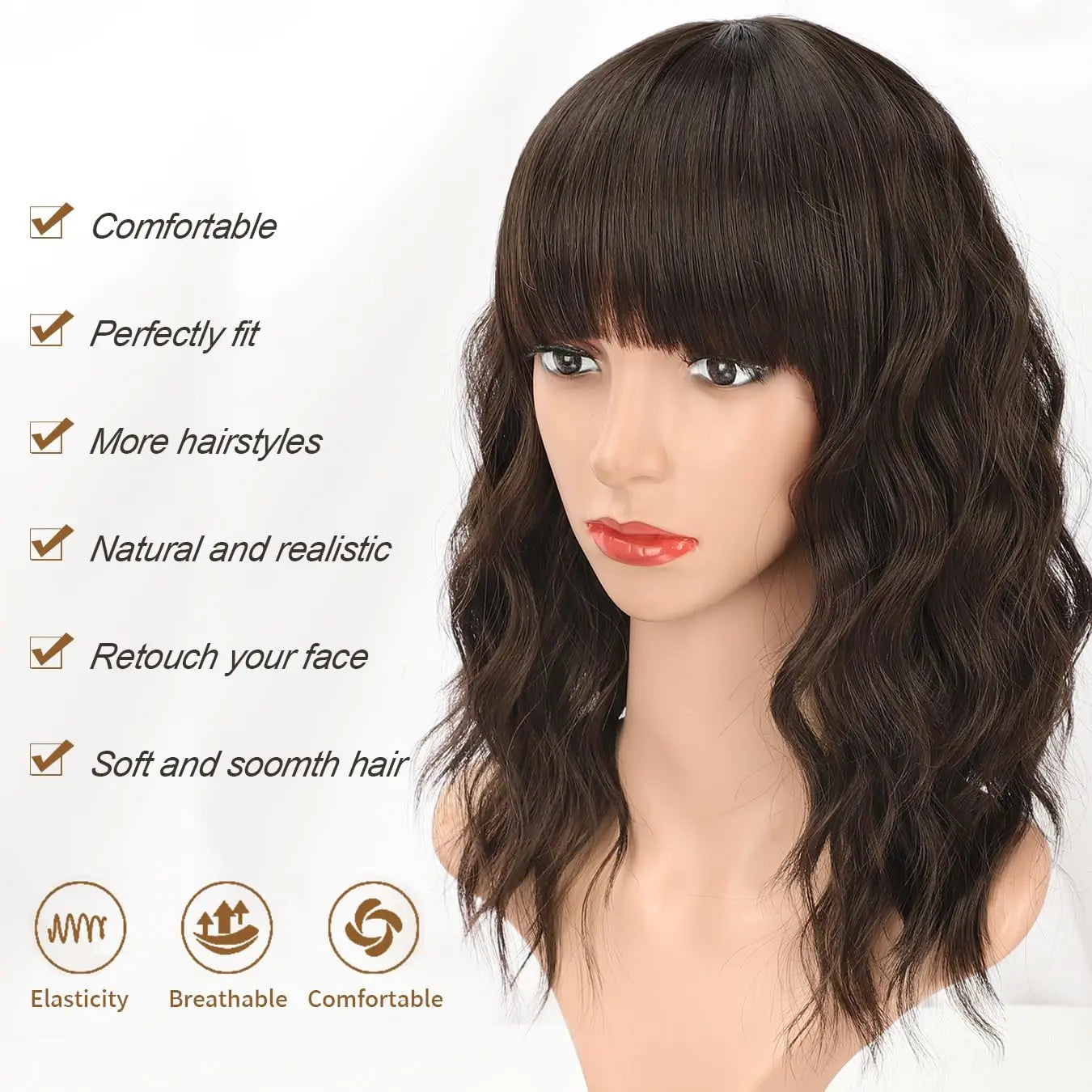 Natural Brown Wavy Bob Wig with Bangs – 180% Density Heat-Resistant Synthetic Wig (Short Length)