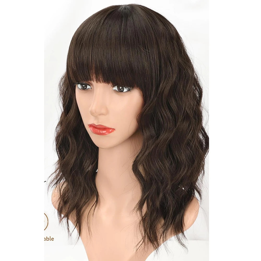 Natural Brown Wavy Bob Wig with Bangs – 180% Density Heat-Resistant Synthetic Wig (Short Length)
